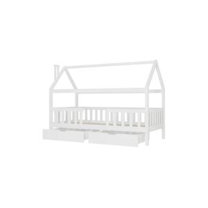 MINKUROW Kinderbett Hausbett mit Kamin Zwei Schubladen Robuster Lattenrost Hausbett aus Kiefernholz für Kinder, 90 x 200 cm ohne Matratze, weiß