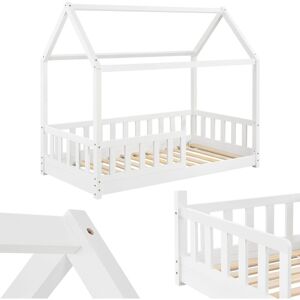 Kinderbett Marli 80 x 160 cm mit Rausfallschutz, Lattenrost und Dach - Hausbett für Kinder aus Massivholz - Bett in Weiß - Juskys