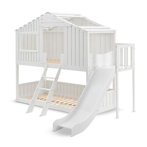 Juskys Kinderbett Baumhaus 90x200 cm Weiß mit Rutsche, Dach & Lattenrost – Hausbett für Kinder