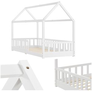 Juskys Kinderbett Marli 90 x 200 cm mit Rausfallschutz, Lattenrost & Dach - Holz Hausbett Weiß