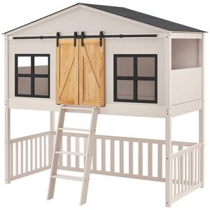 Juskys Kinderbett Farmhaus 90x200 cm mit Treppe, Dach & Lattenrost – Hausbett für Kinder