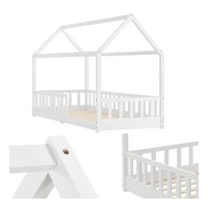 Juskys Kinderbett Marli 90 x 200 cm mit Rausfallschutz, Lattenrost & Dach - Holz Hausbett Weiß
