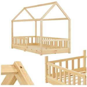 Juskys Kinderbett Marli 90 x 200 cm mit Rausfallschutz, Lattenrost & Dach - Holz Hausbett Natur