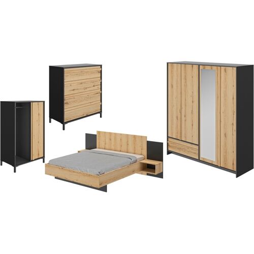 Schlafzimmer-Set GAMI "Mimizan" Schlafzimmermöbel-Sets Gr. B/H: 160 cm x 200 cm, braun (schwarz – eiche helvezia) Komplett Schlafzimmer