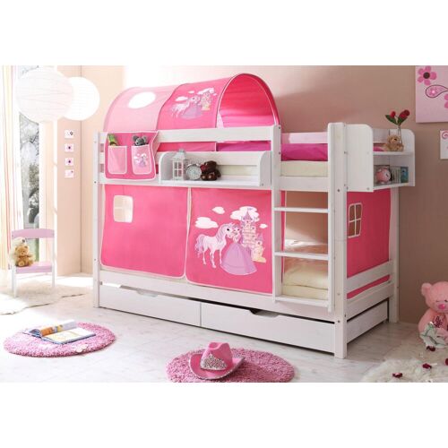 Ticaa Etagenbett TICAA „Marcel“ Etagenbetten Gr. Mit Vorhang, Tunnel und Tasche, B/H/L: 99 cm x 140 cm x 208 cm, kein Härtegrad, ohne Matratze, weiß (prinzessin, pink) Baby Etagenbetten mit Rollrost und Textil-Set, Kiefer