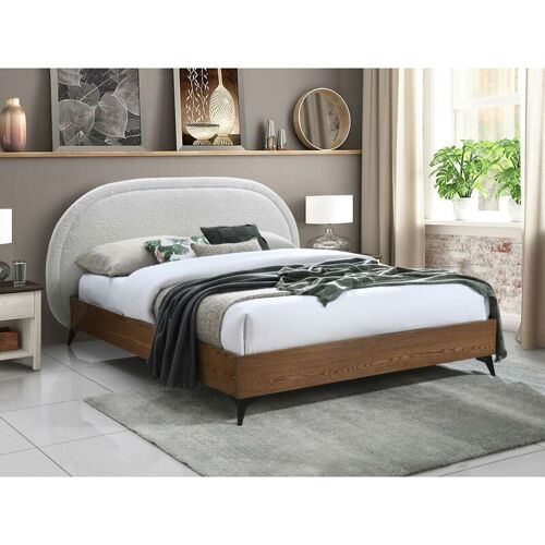 VENTE-UNIQUE Bett 140 x 190 cm – Bouclé-Stoff & mdf – Holzfarben & Weiß – noluva – Naturfarben dunkel, Weiß