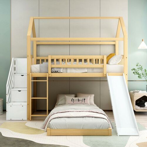 DOLINHOME Kinder-Etagenbett mit Treppengeländer und Rutsche, mit Handlauf, Holzfarbe + Weiß (90x200cm)