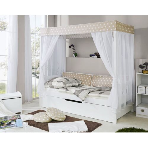 TiCAA Himmelbett „Beige“ 310 Kiefer Weiß (Beige/Weiß Stern)