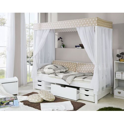 TiCAA Himmelbett „Beige“ 310 Kiefer Weiß (Beige/Weiß Stern)