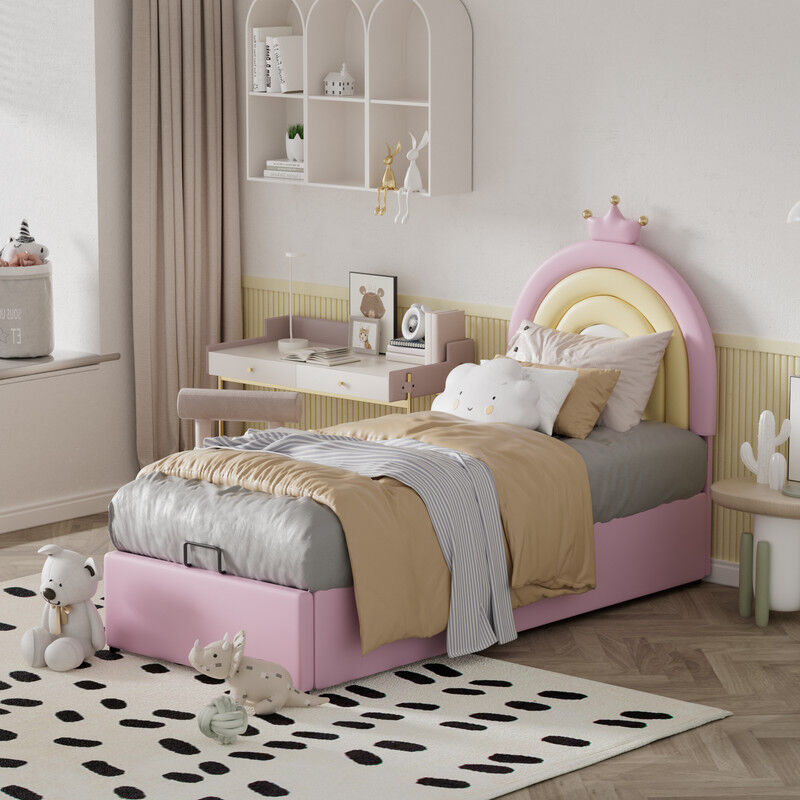 DOLINHOME Gepolstertes Kinder-Einzelbett mit Lattenrost, höhenverstellbarem Kopfteil, pu, ​​rosa, 90x200cm