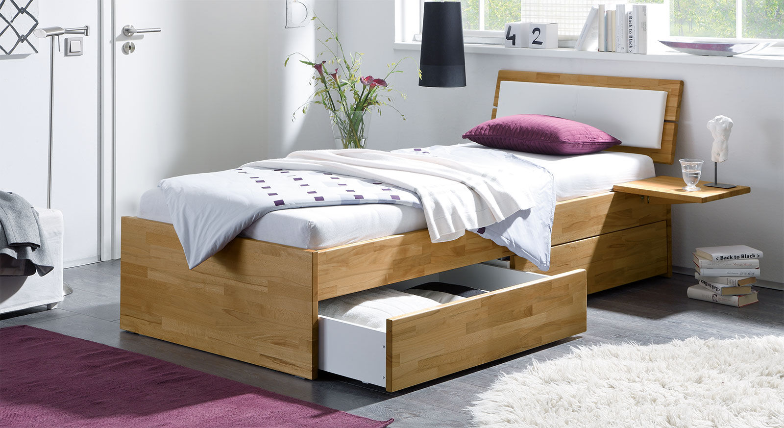 Hasena Schubkasten-Einzelbett Leova Bett mit Bettkasten 90x200 cm Kernbuche natur