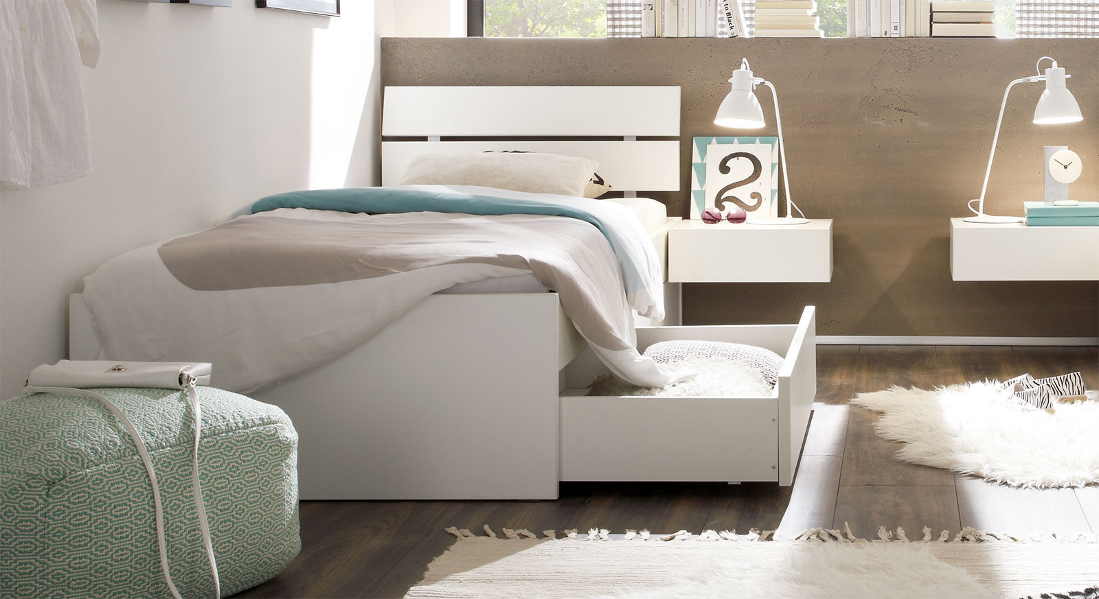Hasena Schubkasten-Einzelbett Mocuba Bett mit Bettkasten 90x200 cm Buche weiß