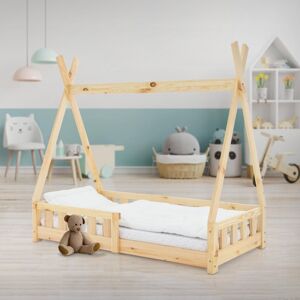 ECD-Germany ML Design COT TIPI 70 x 140cm Natur med rockerbeskyttelse og slatted skærm, indisk seng af massivt træ til piger og drenge, hus seng kids hus teenage