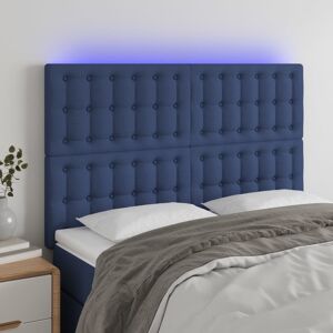 vidaXL sengegavl med LED-lys 144x5x118/128 cm stof blå