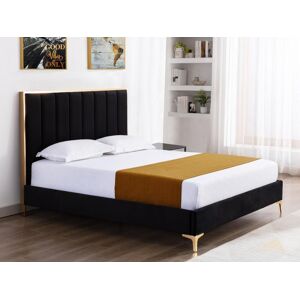 Unique Cama CLARISSE con cabecero con costuras verticales - 160 x 200 cm - Terciopelo - Negro y dorado