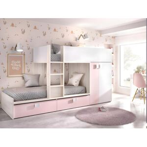 Unique Cama tren con armario - 2 x 90 x 190 cm - Blanco, natural y rose - JUANITO