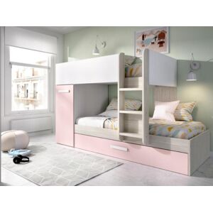 Unique Litera con cama nido y compartimentos 3 x 90 x 190 cm - Blanco, natural y rosa - ANTHONY