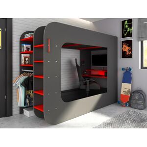 Unique Cama alta gamer 90 x 200 cm - Con escritorio y compartimentos - Con LEDs - Antracita y rojo + colchón - WARRIOR