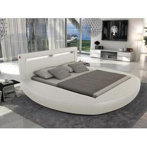 Unique Cama ABULIS II + somier de láminas - 160x200 cm - Piel sintética blanca con leds + somier