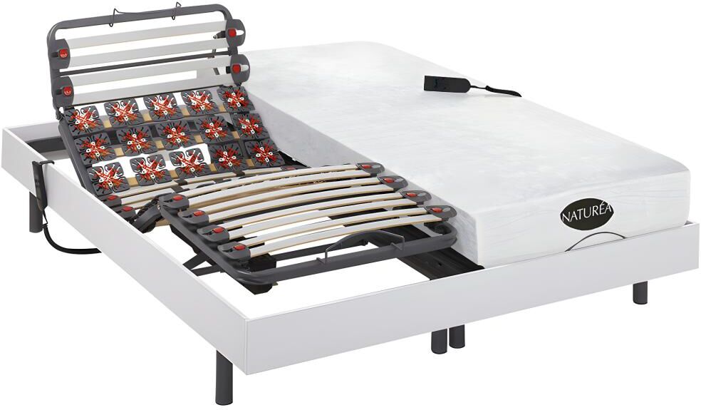 Cama eléctrica articulada de láminas y terminales colchón memoria de forma y bambú DAMYSOS de NATUREA - Motores OKIN - 2x80x200 cm - Blanco