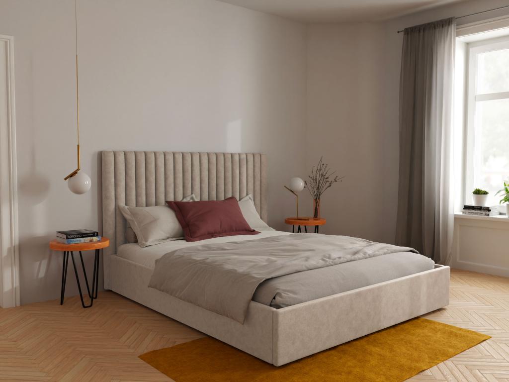 Unique Cama con arcón y cabecero SARAH - 160x200 cm - Tela - Beige