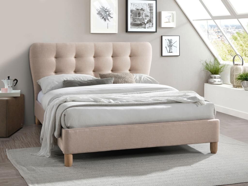 Unique Cama 140 x 190 cm con cabecero capitoné - Tela beige - ELIDE