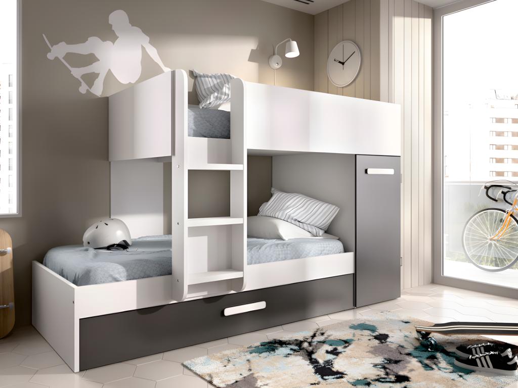 Unique Litera con cama nido y compartimentos 3 x 90 x 190 cm - Antracita y Blanco - ANTHONY