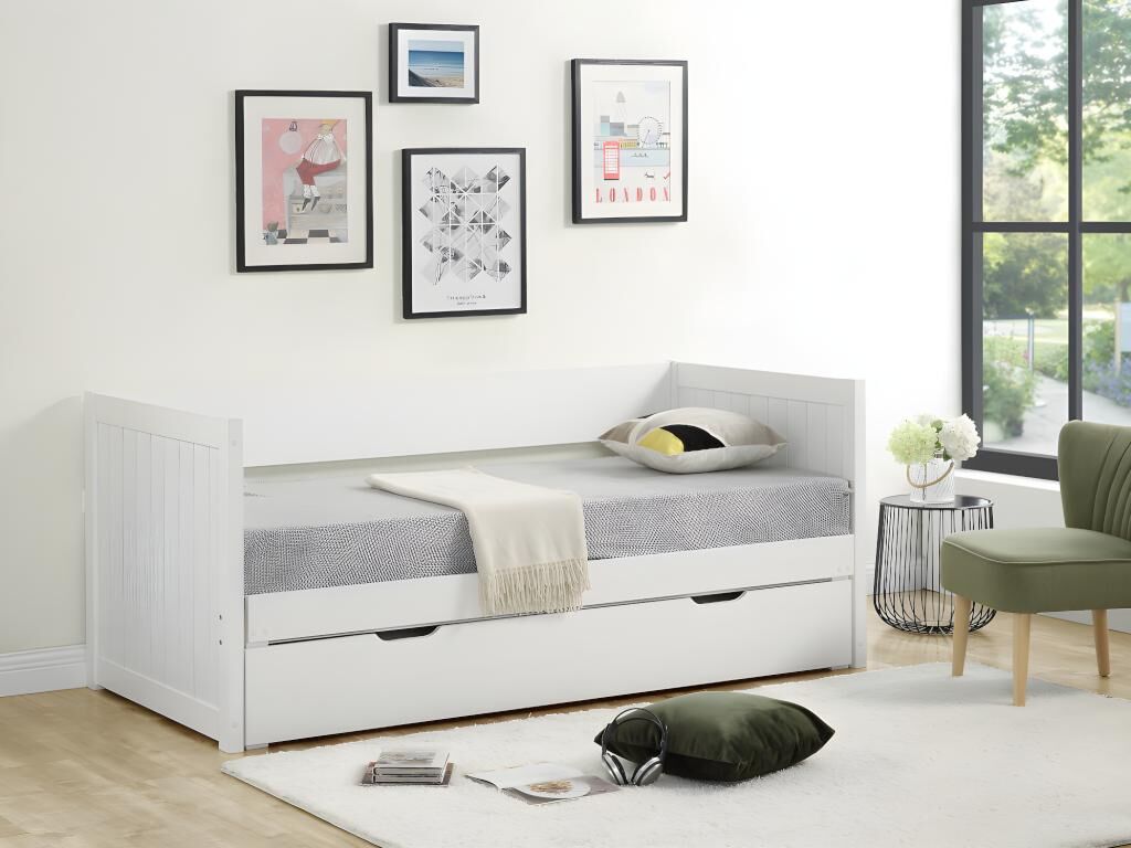 Unique Cama nido - 90 x 190 o 174 x 190 cm  - Con somier a tablas y cajón -  Pino y MDF - blanco - ALFIERO  II