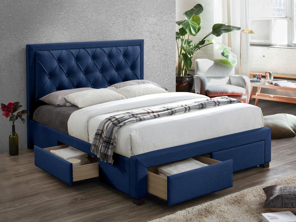 Unique Cama con cajones 160 x 200 cm - Tela de terciopelo azul + Colchón - LEOPOLD