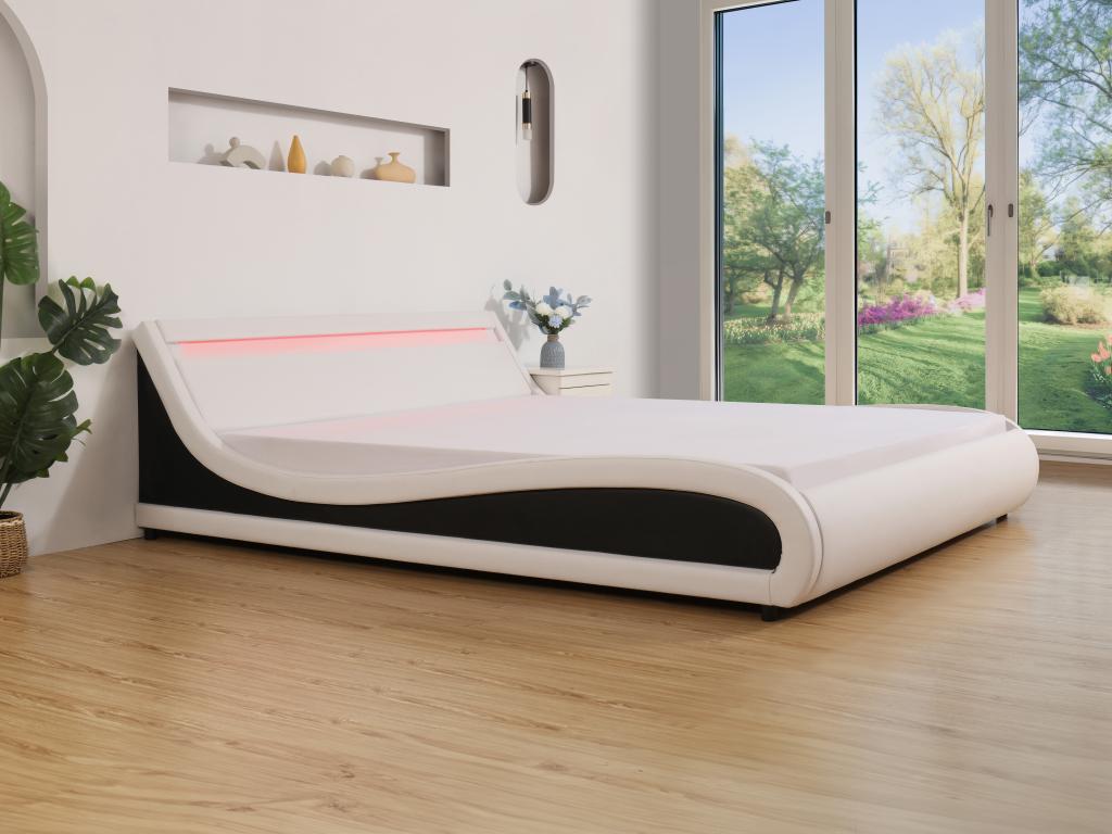 Unique Cama con LEDs ZALARIS - 160x200 cm - Piel sintética blanca