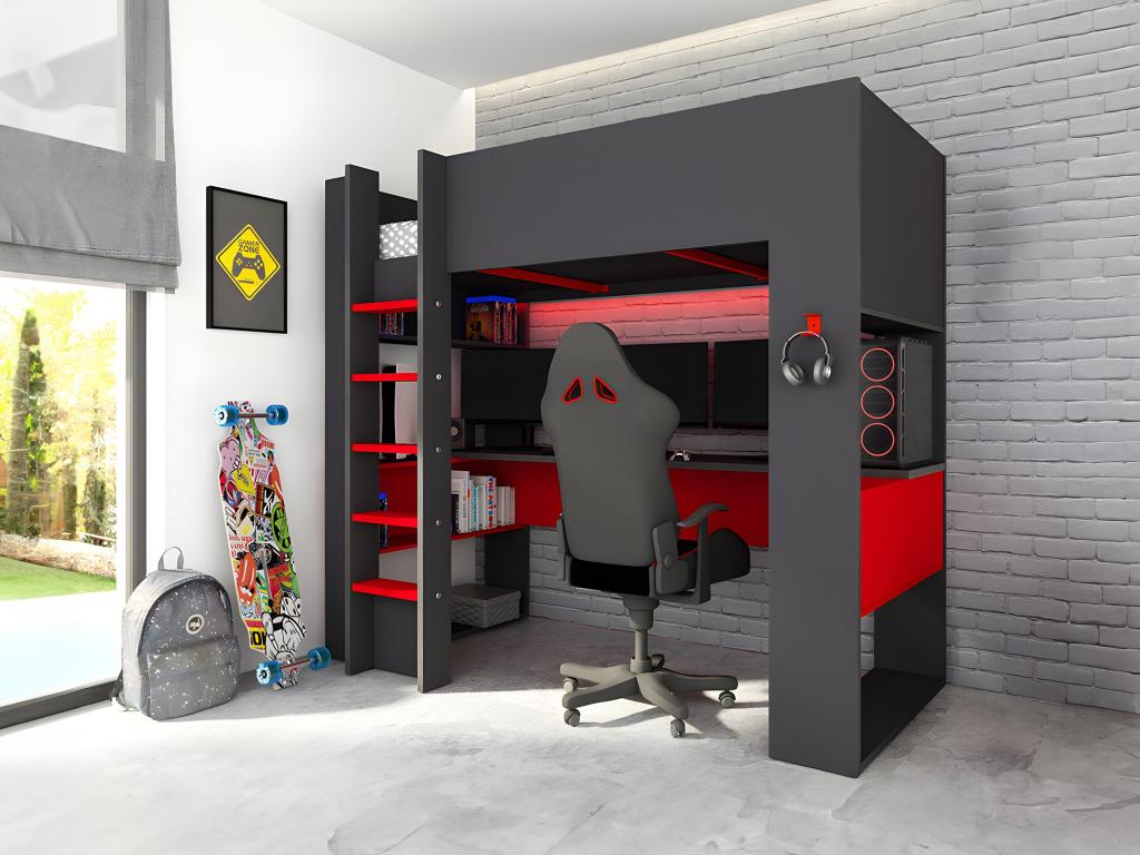 Unique Cama alta gamer NOAH con escritorio y compartimentos - 90 x 200 cm - Con LEDs - Antracita y rojo