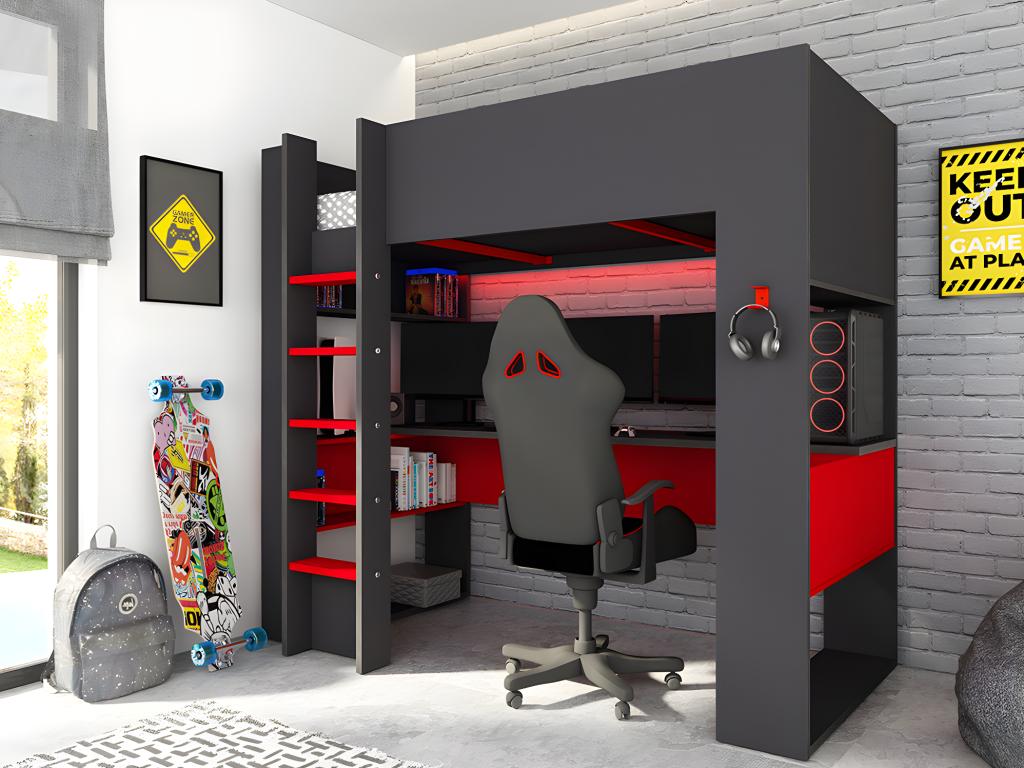 Unique Cama alta gamer NOAH con escritorio y compartimentos - 90 x 200 cm - Con LEDs - Antracita y rojo + colchón