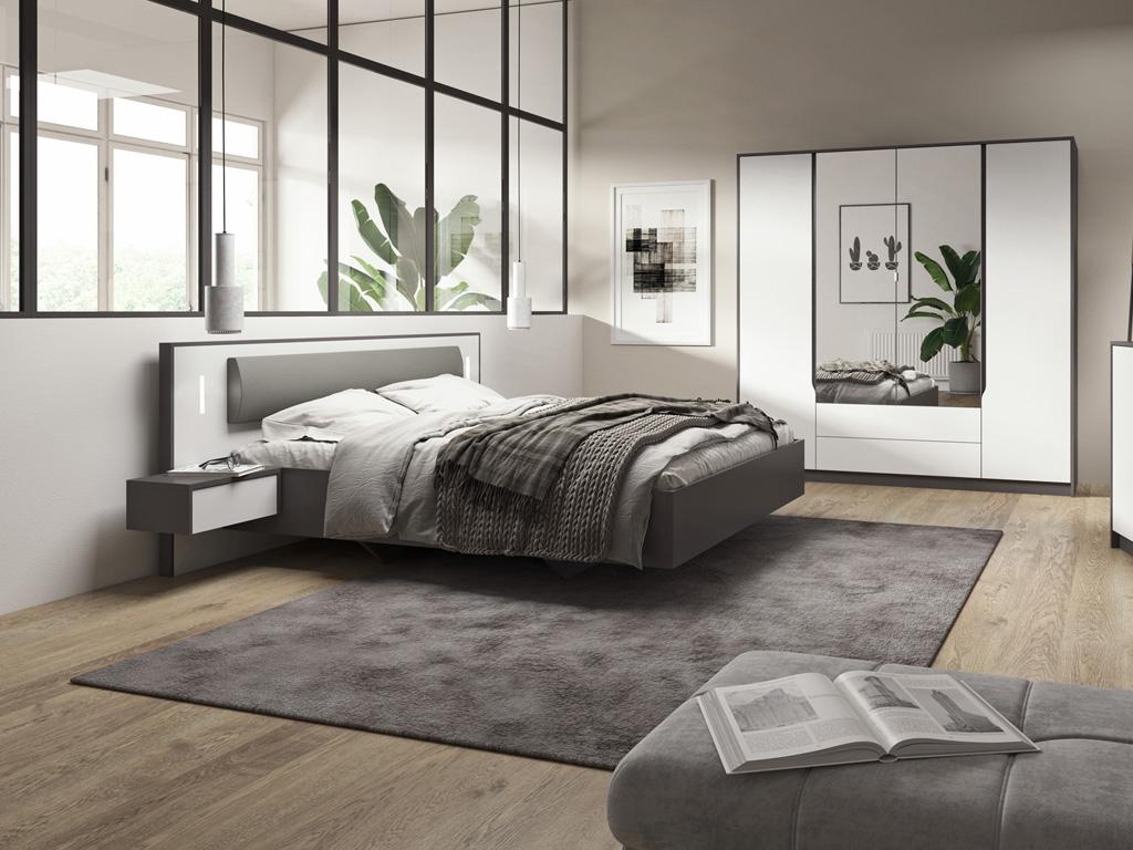 Unique Cama con mesas de noche suspendidas - 160 x 200 cm - Con LEDs - Gris y blanco - SEGOLA