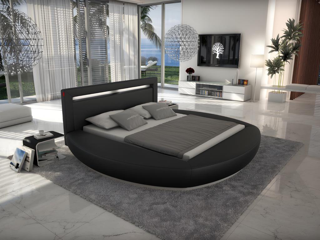 Unique Cama ABULIS II - 160 x 200 cm - Piel sintética negro con LEDs + somier