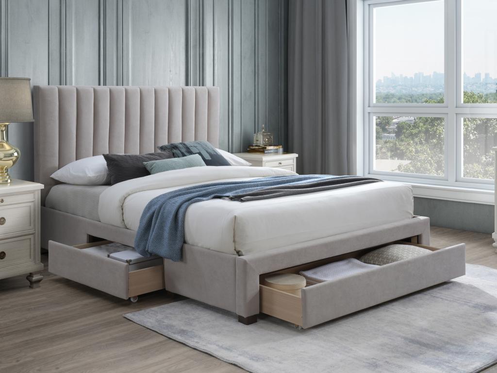 Unique Cama con 3 cajones 160 x 200 cm - Tela - Beige - LIAKO