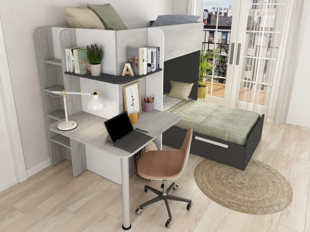 Unique Litera rinconera 2 x 90 x 190 cm - Con escritorio - Gris, blanco y negro + colchón - SAMUEL