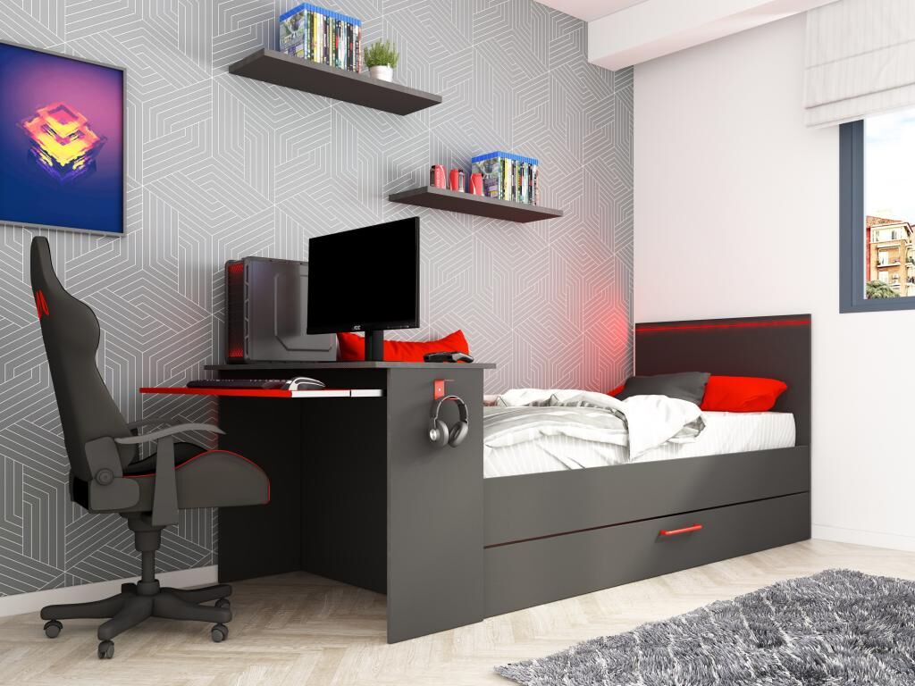 Unique Cama nido gamer 90 x 200 et 90 x 190 cm - Con escritorio - LEDs - Antracita y rojo + colchón + Somier - VOUANI