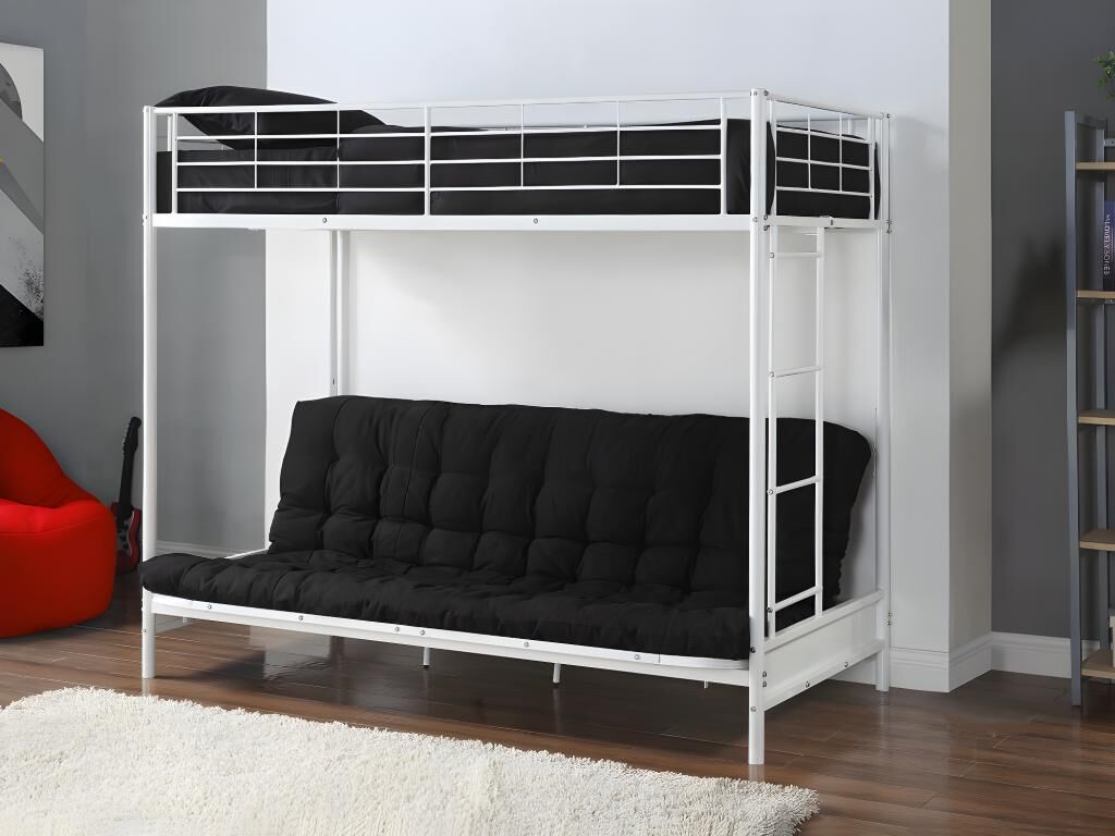 Unique Cama alta 90 x 190 cm - Con banco convertible - metal - Blanco + Futón negro - MODULO V