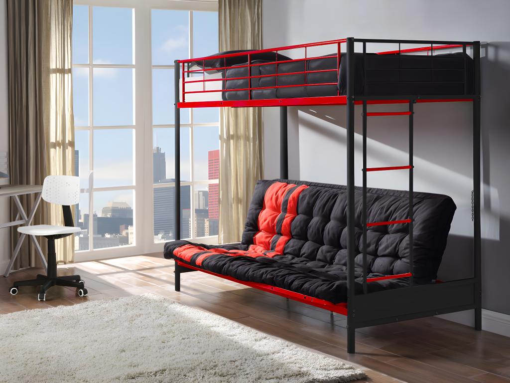 Unique Cama alta 90 x 190 cm - Con banco convertible - metal - Negro y rojo + Futón - MODULO V