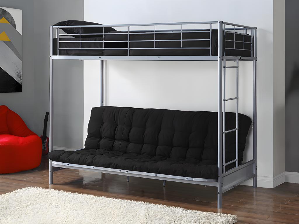 Unique Cama alta 90 x 190 cm - Con banco convertible - metal - plata + Futón negro - MODULO V