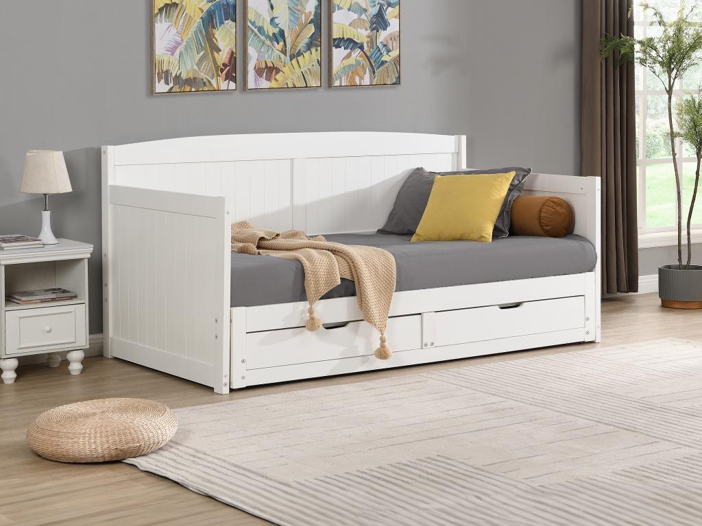 Unique Cama nido sofá 90 x 190 o 180 x 190 cm - Con somier de peine y cajones - Pino y MDF - Blanco - DINIVA