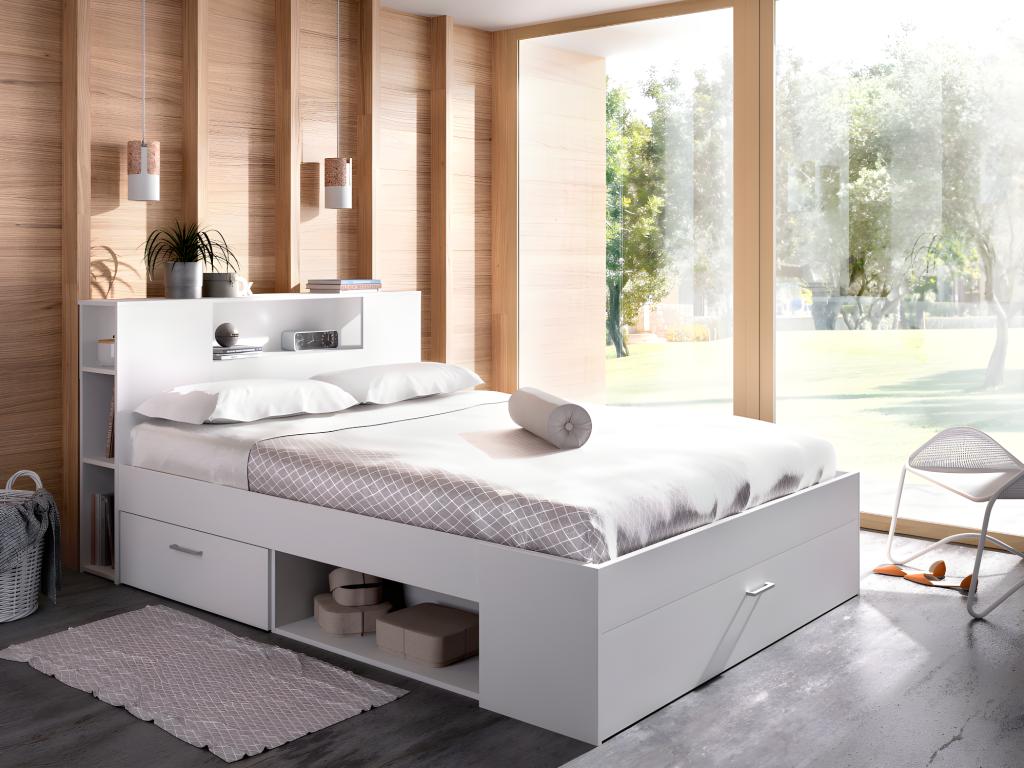 Unique Cama con cabecero con compartimentos y cajones - 160 x 200 cm - Color: blanco + Somier + colchón - LEANDRE