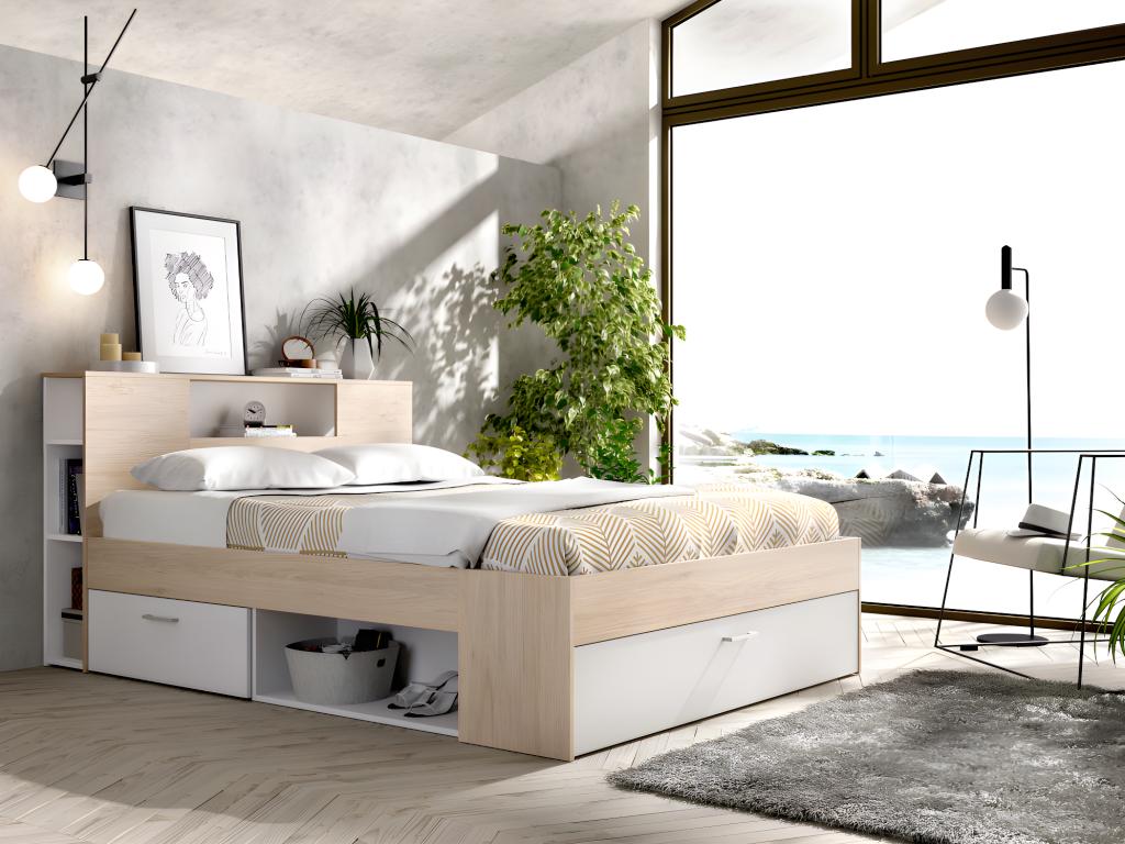 Unique Cama con cabecero con compartimentos y cajones - 140 x 190 cm - Color: natural y blanco + Somier + colchón - LEANDRE