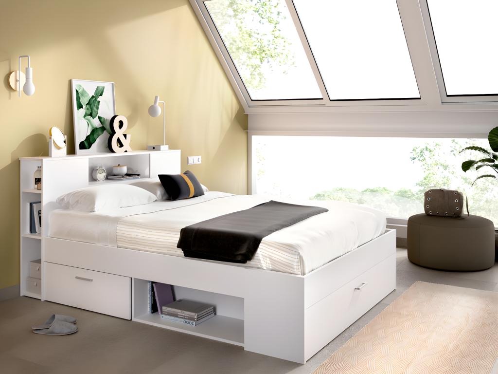 Unique Cama con cabecero con compartimentos y cajones - 140 x 190 cm - Color: blanco + Somier + colchón - LEANDRE