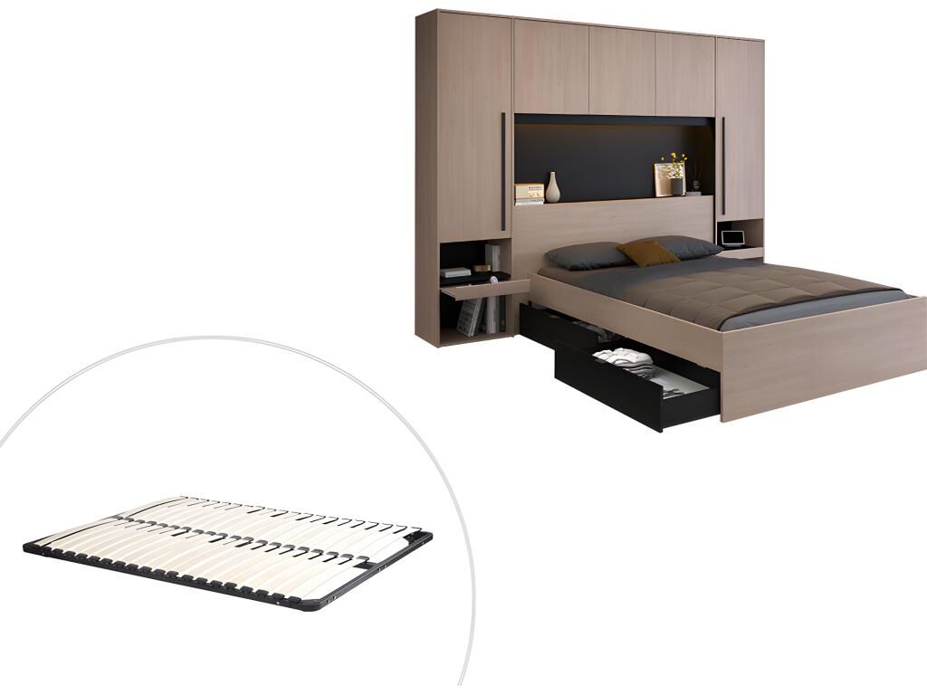 Unique Cama con compartimentos 140 x 190 cm - Con LEDs - Color: natural y negro + Somier - VELONA