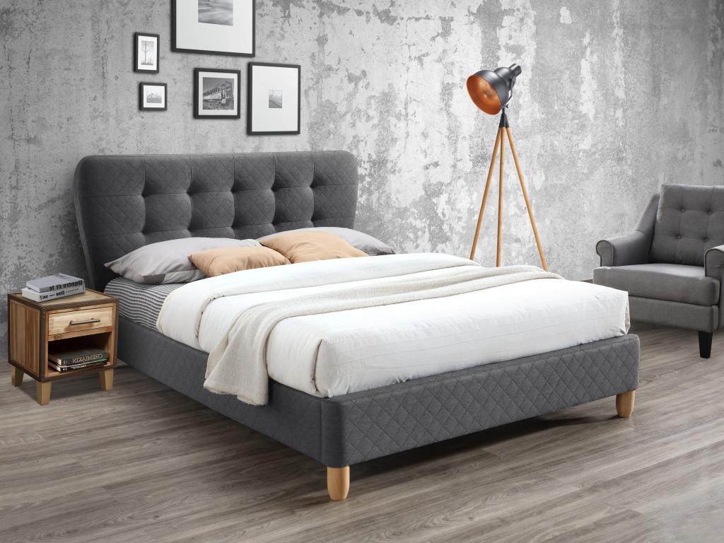 Unique Cama 140 x 190 cm con cabecero capitoné - Tela gris - ELIDE