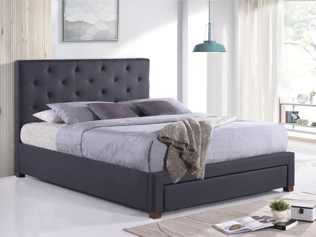 Unique Cama con cajón y cabecero acolchado AGOSTINO - Tela - 160 x 200 cm - Gris