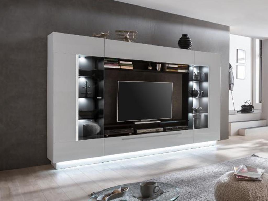 Unique Mueble TV BLAKE con compartimentos - LEDs - Blanco lacado