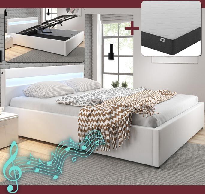 Cama de matrimonio canapé con música (subwoofer)  Bahia en color blanco con colchón (180x200cm)