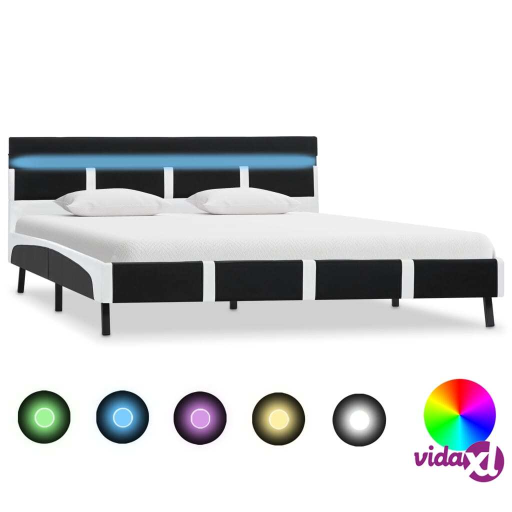 vidaXL Sängynrunko LED-valolla musta/valkoinen keinonahka 135x190 cm